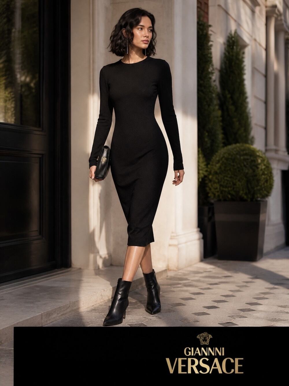 Vintage Authentic Gianni Versace Solid Black WoolJersey Dress Sz. 42 (US 10)